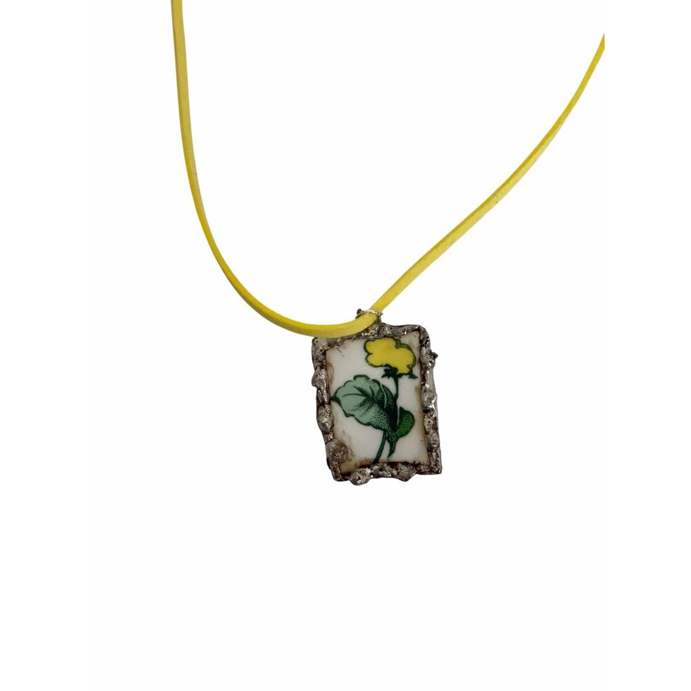 Handmade Silver Plated Broken China Pendant Necklace Yellow Floral Upcycled
